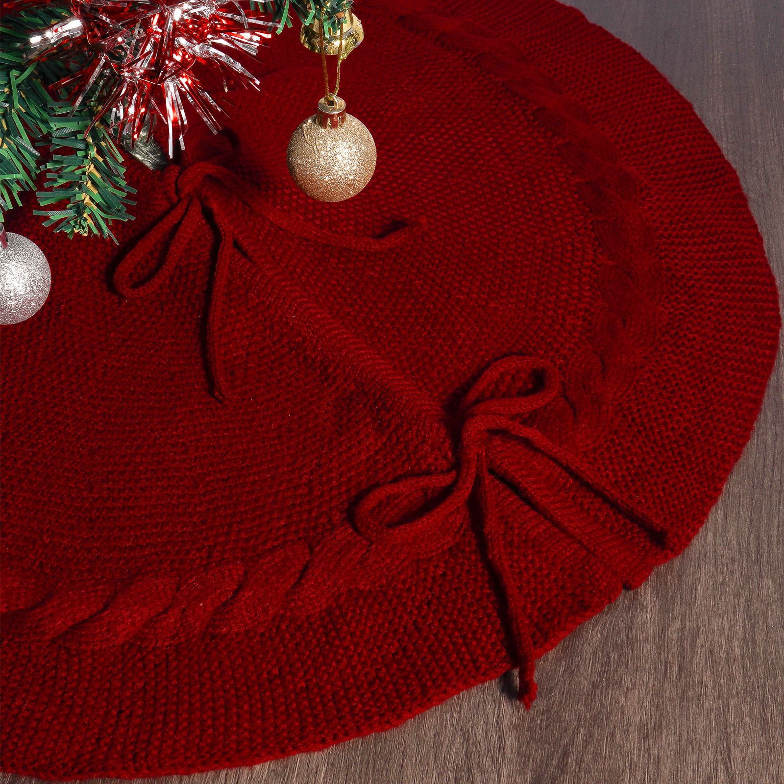 Navidad de punto falda de árbol rojo de punto de Navidad blanco delantal de árbol de Navidad adornos de falda de árbol