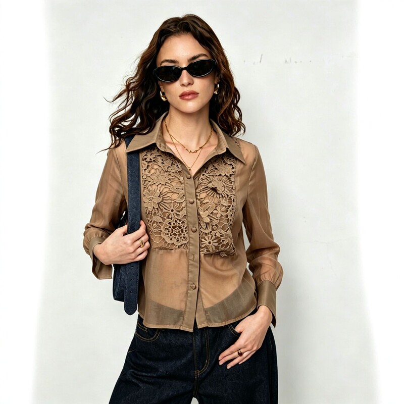 240916 Spring/Summer New 2026 Patchwork Lace Long Sleeve Shirt for Women Fashionable European and American Style Chiffon Sheer Shirt 240916 Spring/Summer New 2026 Patchwork Lace Long Sleeve Shirt for Women Fashionable European and American Style Chiffon Sheer Shirt
