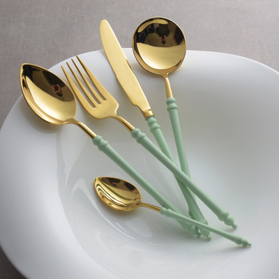 本创807镜面青草绿刀叉勺304不锈钢西餐具套装小竹罐简约西餐刀叉|ms