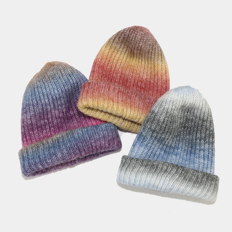 New autumn winter knitted trend gradient color tie dye warm woolen hat for children, soft and skin friendly pile cap_voghion.com