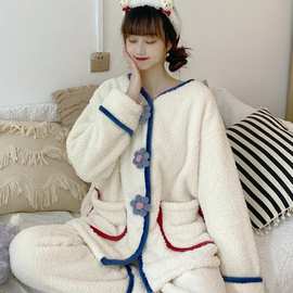 韩国chic女士秋冬新款珊瑚绒时尚睡衣加绒加厚撞色边条花花家居服
