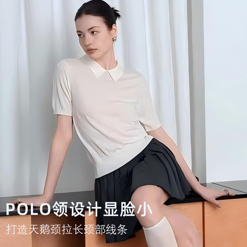 Spring Polo Collar Sweater Short-Sleeved T-Shirt Silk Wool Women's Soft Skin-Friendly Breathable Inner Clothing Top for Women