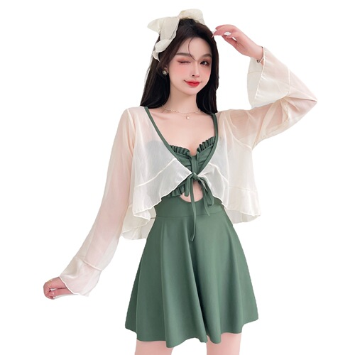 One-piece swimsuit lace two-piece bikini sexy sun protection conservative swimwear hot spring ins style black slimming