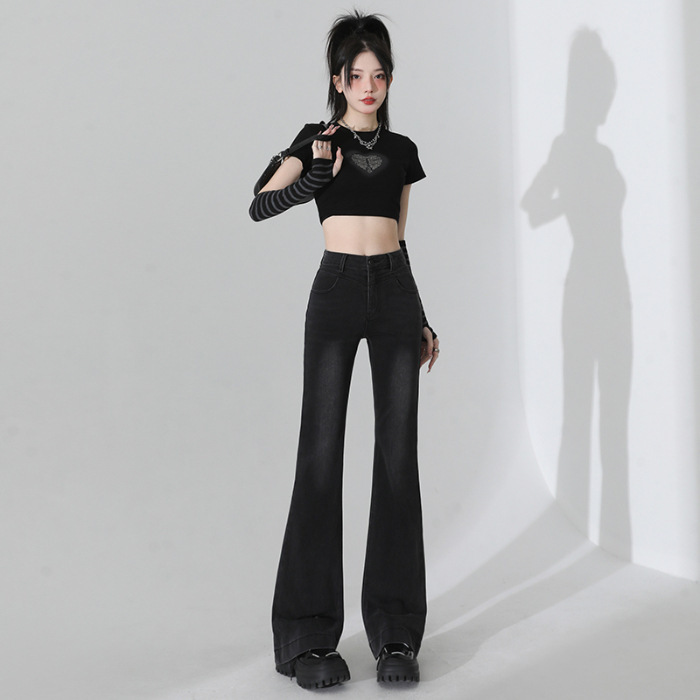 复古蓝微喇叭牛仔裤女2025年秋季新款高腰显瘦弹力修身百搭喇叭裤|undefined