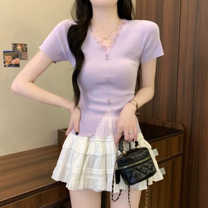 Фиолетовый кружевной трикотаж с v-образным вырезом из ледяного шелка и короткими рукавами для женщин, летний дизайн, нишевый короткий стиль, красивый топ, тренд