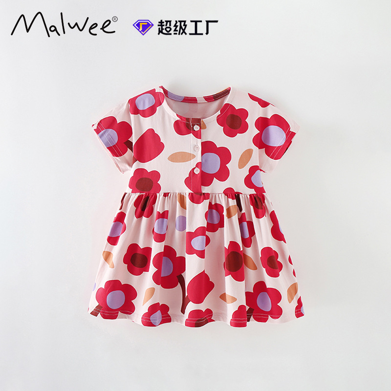 Malwee niñas vestido verano nuevo europeo y americano niños casual impreso manga corta cuello redondo vestido de princesa para niños