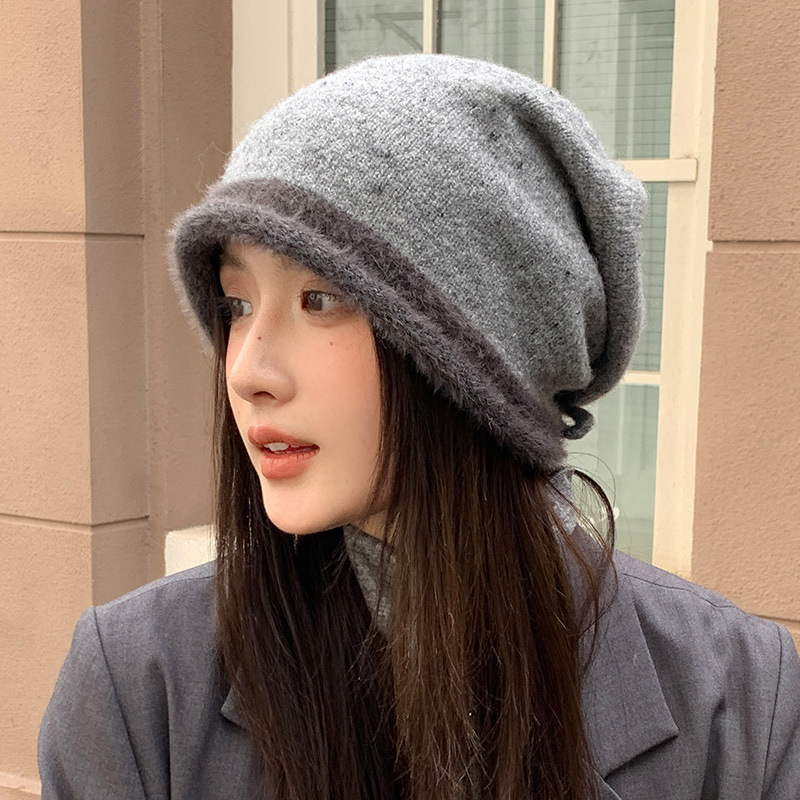 秋冬护耳保暖包头帽子女款大头围显脸小堆堆帽韩系拼色百搭针织帽|undefined
