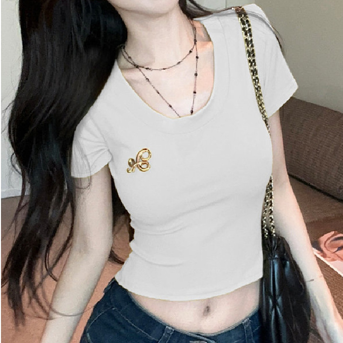 别致感辣妹拼接设计夏季多巴胺穿搭蕾丝修身短款上衣短袖t恤女甜|undefined
