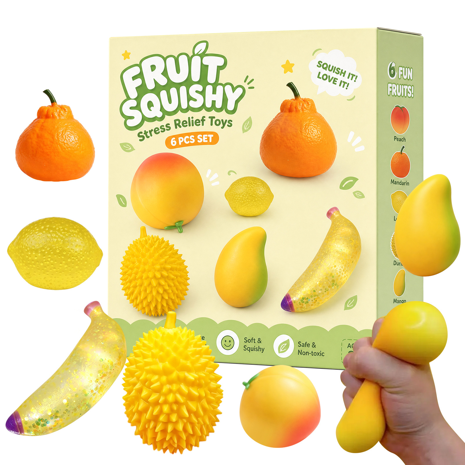 Stressni yengillashtirish uchun banan, durian va boshqa mevalarni o'z ichiga olgan sariq mavzudagi yangi transchegaraviy elektron tijorat o'yinchoq to'plami.