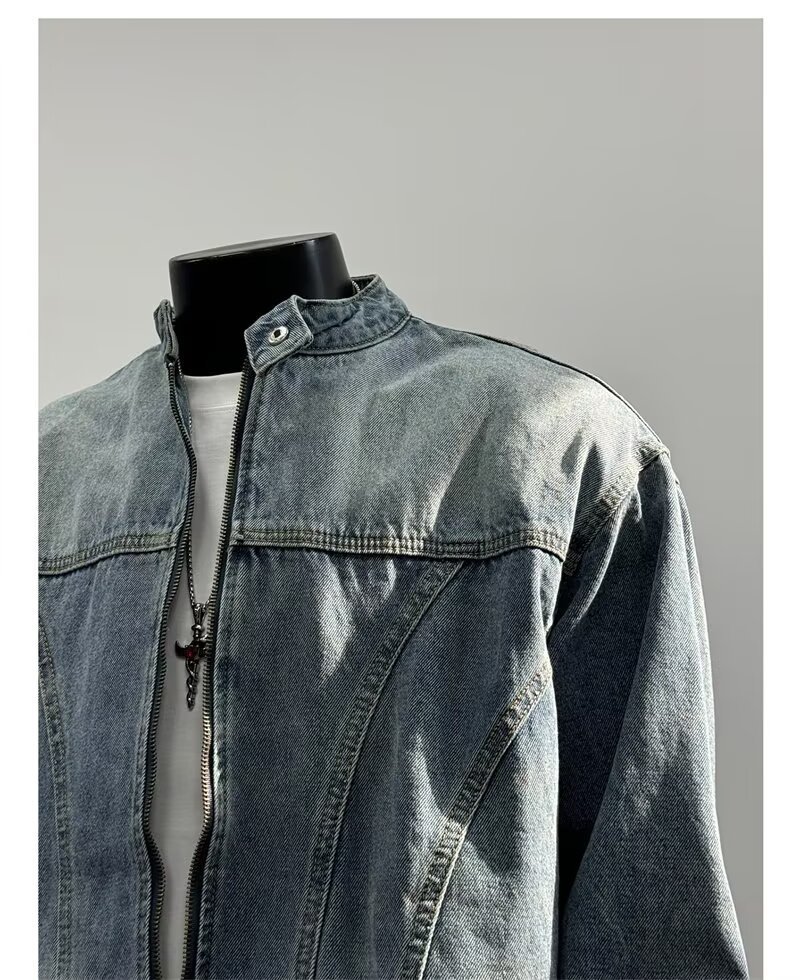 Washed Denim Jacket For Men Vintage Casual Stand Up Collar Coat_voghion.com