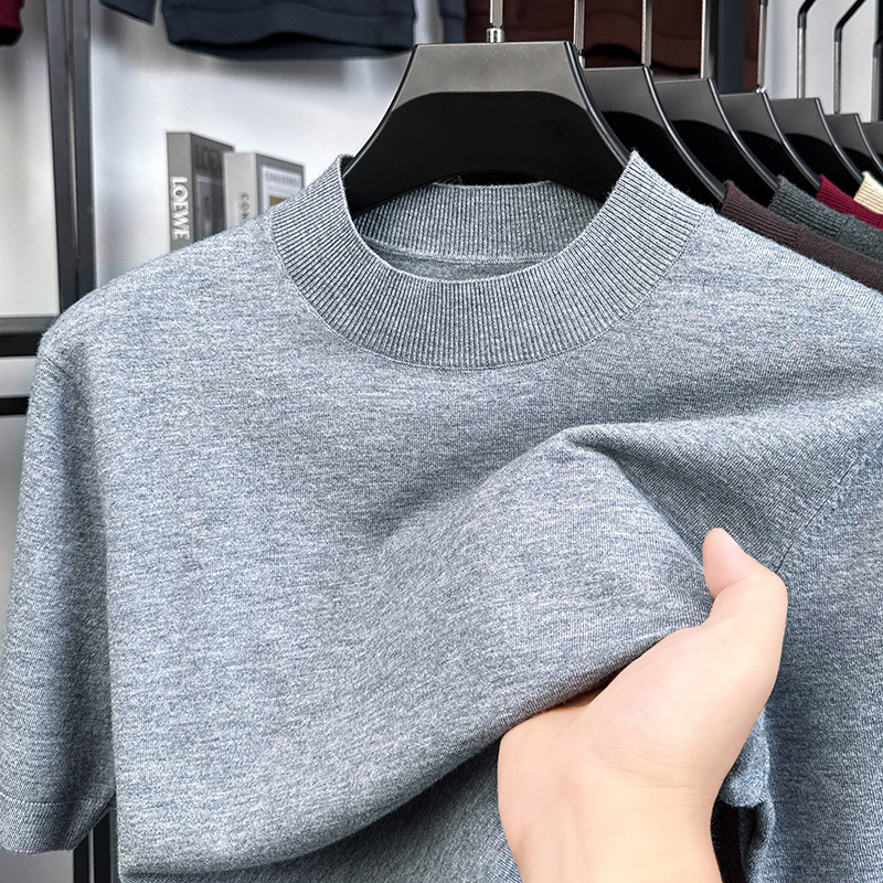 Cross-Border Wholesale Knitted Short-Sleeved T-Shirt Men's Autum High-End Simple Pure Color Half-Sleeved Sweater Bottoming Shirt