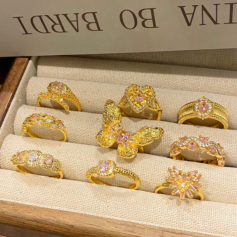 中古編織食指戒粉鑽系列輕奢優雅高級感精緻彩寶鋯石蝴蝶開口戒指