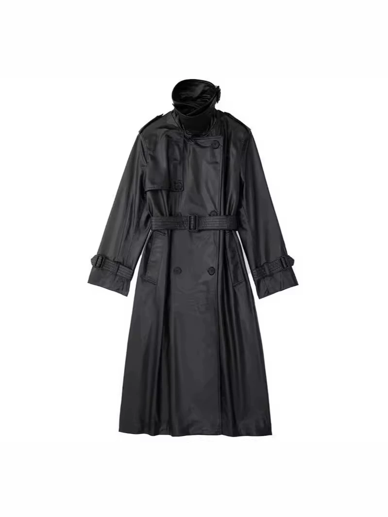 Осенний ретро черный длинный модный универсальный пояс для отдыха, плащ, городской стиль, европейский стиль