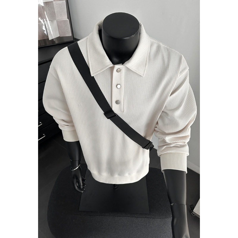 American-style Trendy Solid Color Waffle Knit Old Money Style 2026 Spring New Polo Collar Long-sleeve Sweatshirt, Unisex_voghion.com
