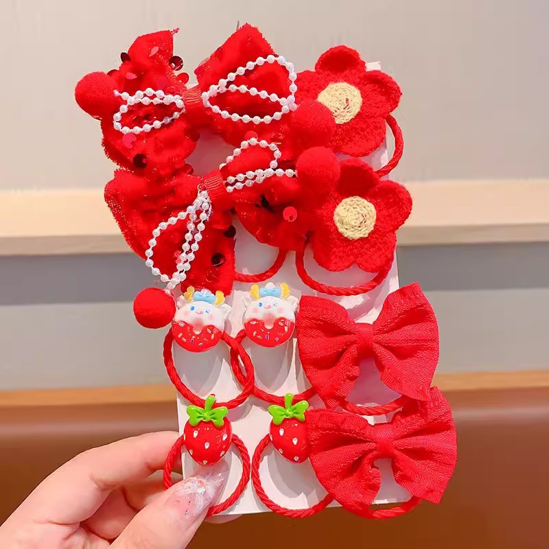 Banda de goma para niños arco de flores rojas para niñas festivo Año Nuevo cuerda de pelo niña no duele el pelo lazo anillo de pelo