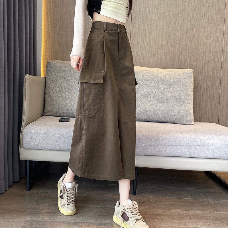 美式工装2025夏季新款春秋口袋开叉高腰中长款抽绳半身裙显瘦