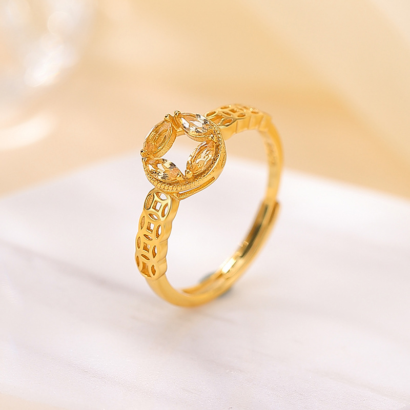 Nhẫn bạc S925 mạ vàng đính đá pha lê hình đồng xu rỗng cá tính, có thể điều chỉnh độ mở — Một mảnh