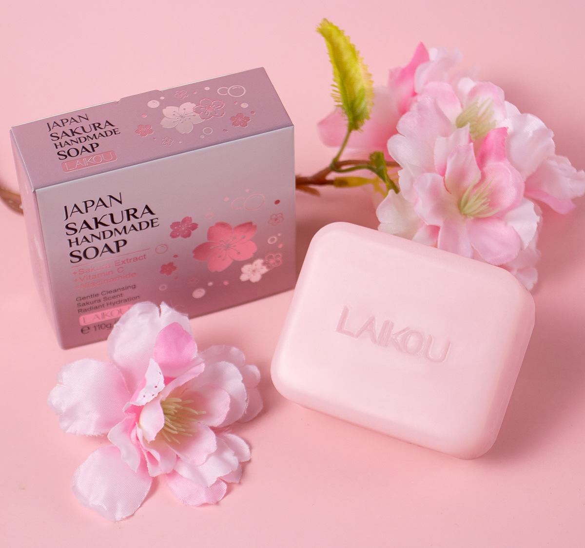 The new cross-border product LAIKOU Moisturizing and Cleaning Cherry Blossom Handmade Soap 110g is in stock and available for wholesale from the manufacturer. It comes in English packaging undefined