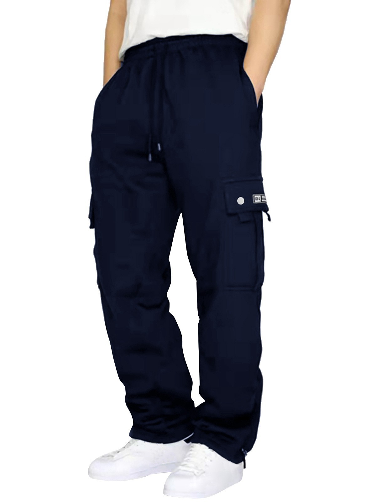 Nuevos pantalones casuales deportivos de moda transfronterizos pantalones sueltos de encaje multibolsillos con forro polar para hombres