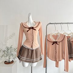 校园风秋季纯欲甜美风娃娃领开衫背心半裙套装三件套2025秋季