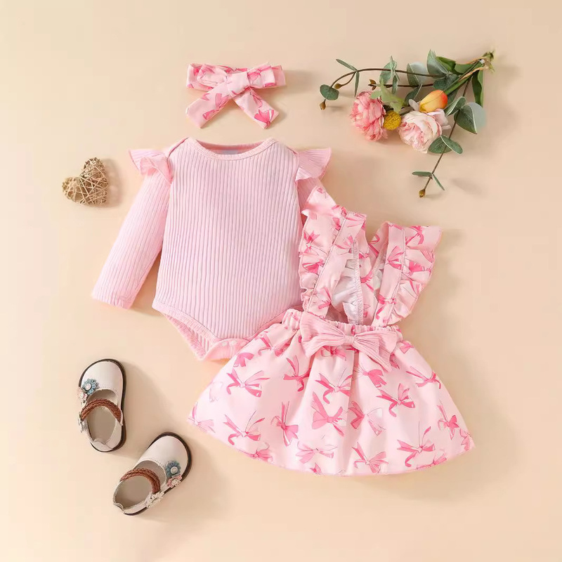 Cross-border foreign trade infant long sleeve ruffled small fly sleeve round neck bow sweet strap dress 3-piece set