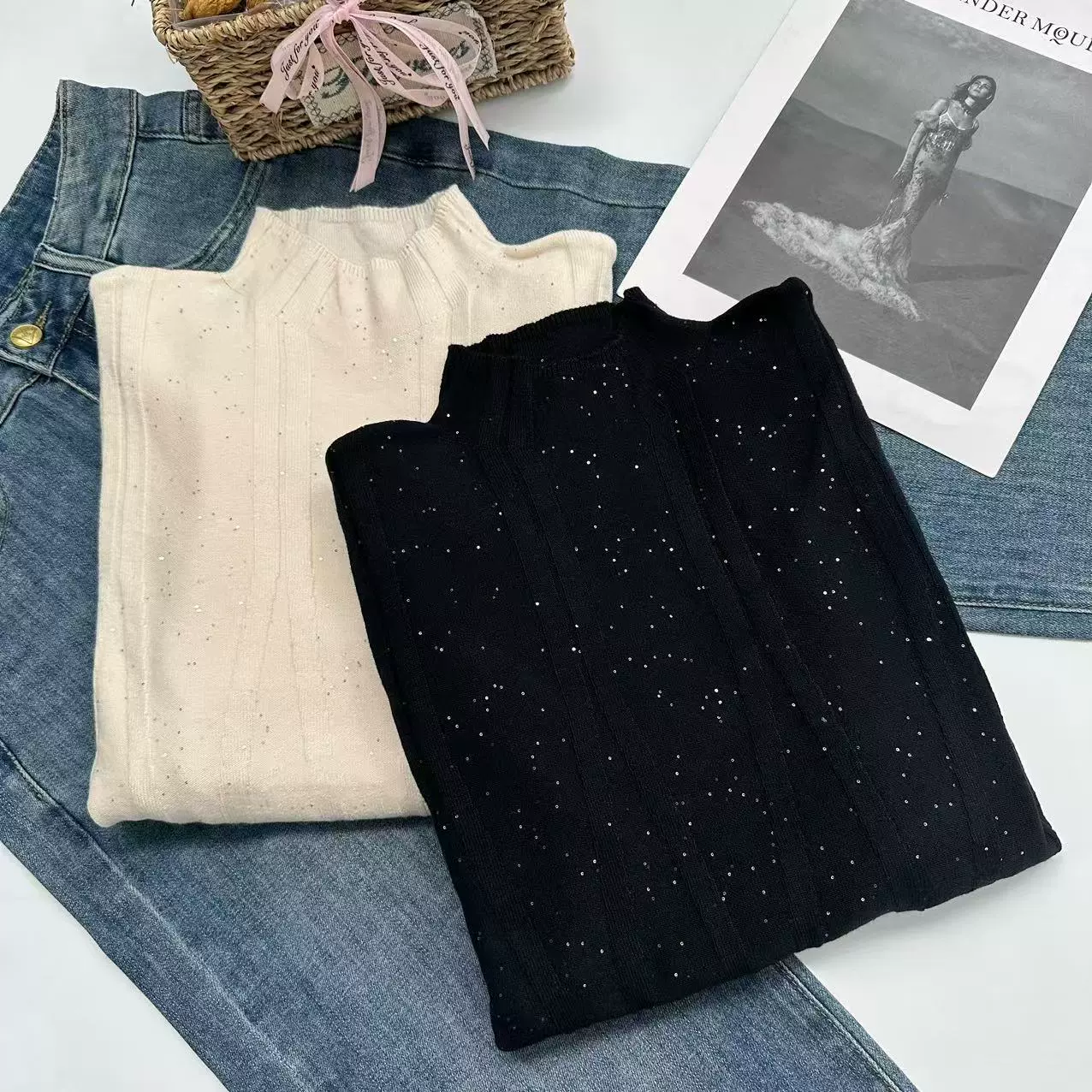 [Звезды] Осень с блестками тонкая вязаная рубашка Y1043 черный и абрикосовый цвет другой