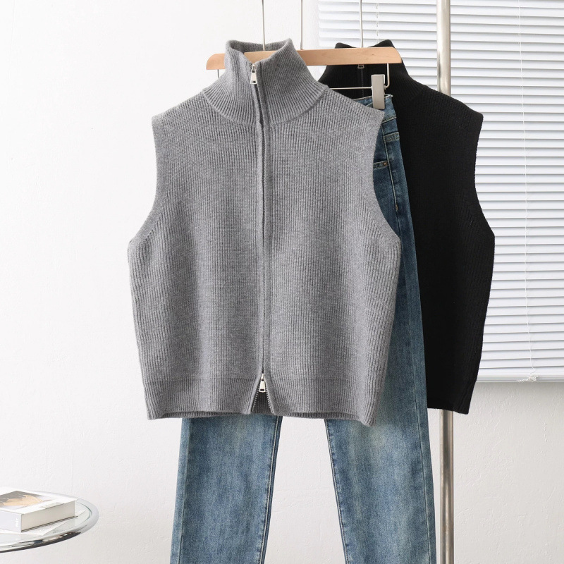 Retro collar de hombro de punto chaleco de mujer otoño invierno nuevo cardigan chaqueta de diseño suéter con cremallera suelta clip de caballo