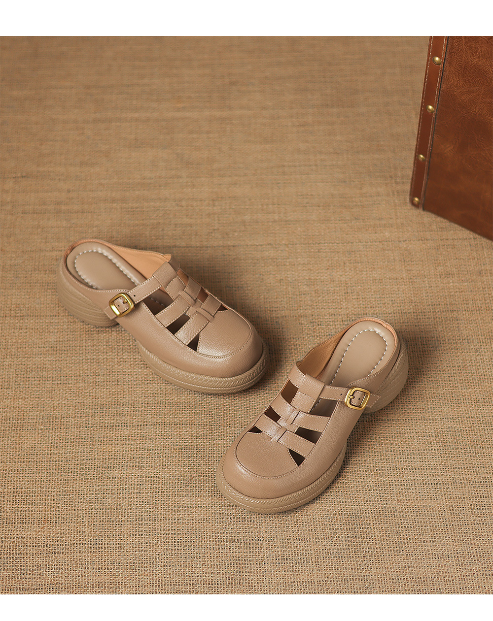 Sandal cao gót nữ mũi hở đế dày da cừu kiểu dệt lỗ — màu trắng ngà chi tiết 15