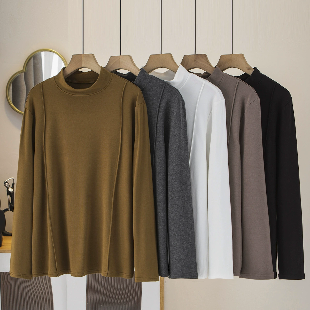 Осень 200 Джин пухлая девушка мода Джокер Однотонная футболка с полувысоким воротником и длинным рукавом Базовая рубашка больших размеров женская внутренняя часть 0002