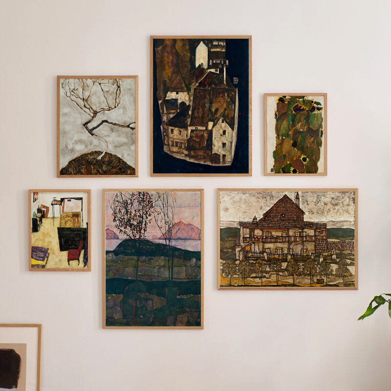 奥地利画家埃贡席勒欧式复古艺术建筑风景装饰画芯餐厅挂画内芯