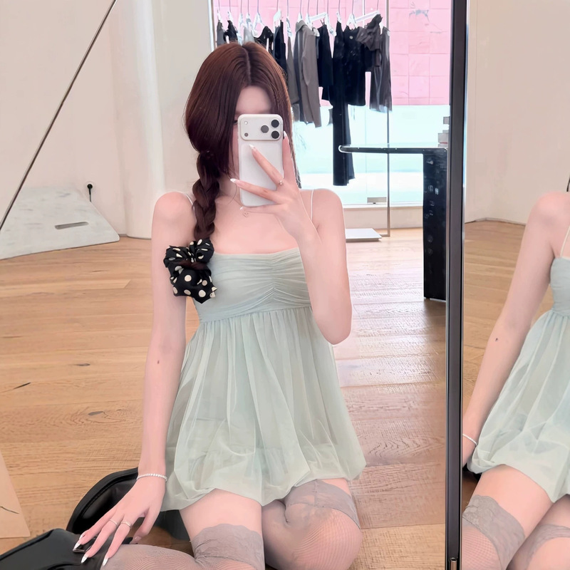 White Water Girl Sage Miss Mesh Strap Dress for Women, Summer Romantic Fairy-Like Elegant Slimming Draped Short Dress White Water Girl Sage Miss Mesh Strap Dress for Women, Summer Romantic Fairy-Like Elegant Slimming Draped Short Dress