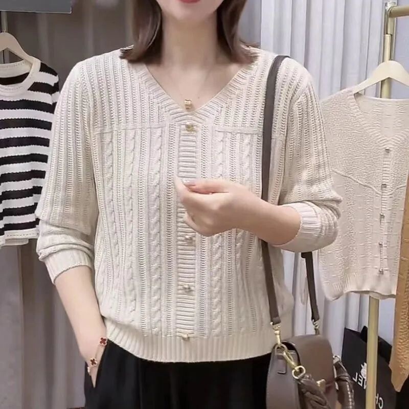 Spring Fashion Hollow-Out Thin Knit Sweater for Women, Loose Fit, Slimming, Versatile, Stylish, Casual V-Neck Long-Sleeve Top Spring Fashion Hollow-Out Thin Knit Sweater for Women, Loose Fit, Slimming, Versatile, Stylish, Casual V-Neck Long-Sleeve Top