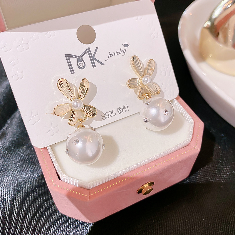 Sweet Round Heart Shape Bow Knot Copper Plating Inlay Pearl Zircon Drop Earrings 1 Pair