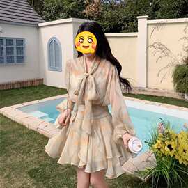 法式温柔长袖V领泡泡袖雪纺碎花连衣裙女夏季新款收腰不规则短裙