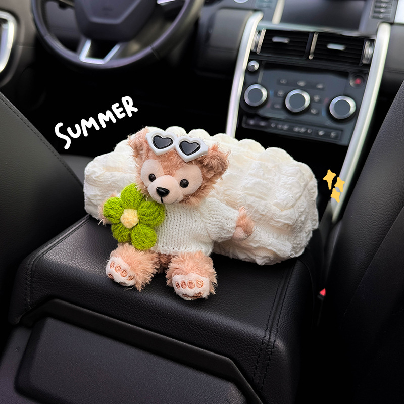 Decoración de coche para niñas caja de reposabrazos caja de pañuelos caja de dibujo de coche asiento de coche medio dibujos animados Duffy oso hecho a mano
