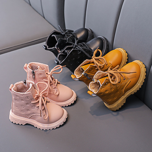  new autumn and winter second cotton warm baby girl's thin velvet lace-up leather boots boy's Martin boots cute printed short boots