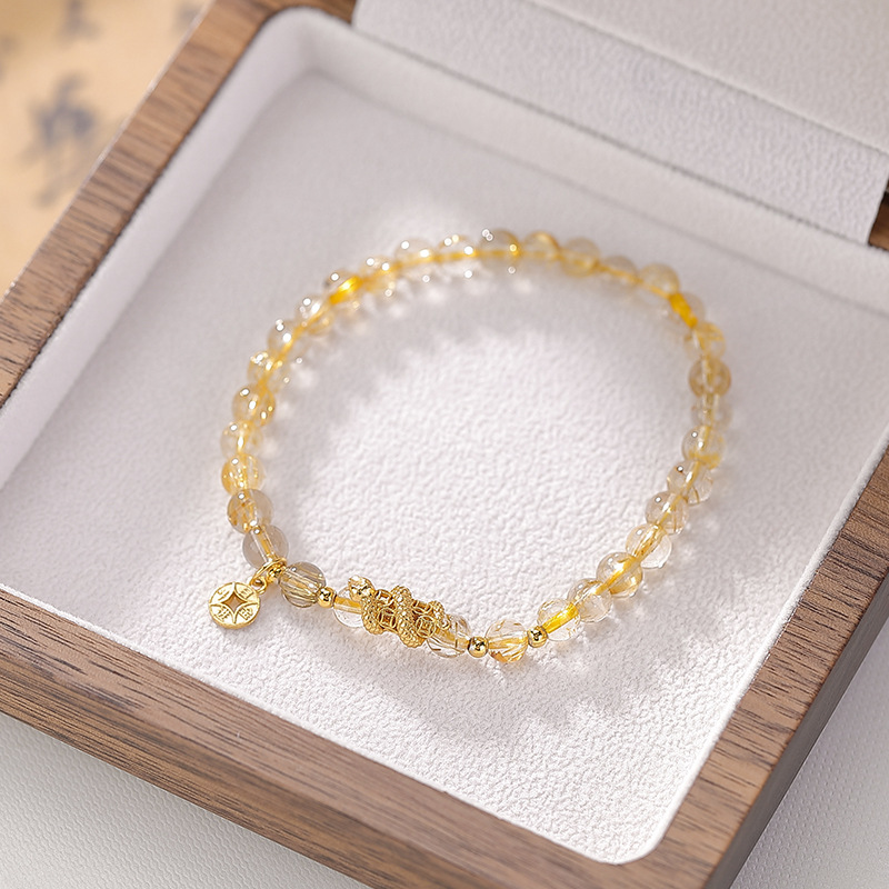 Vòng tay nữ bạc 925 mạ vàng đính đá citrine tròn charm đồng xu rắn — một mảnh