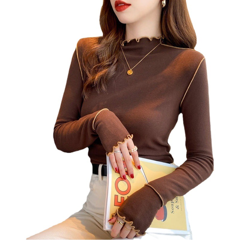 De ternilla de la ropa de doble cara de mujeres otoño y invierno color contraste chaqueta delgada camiseta de manga larga se puede usar camiseta de cuello medio alto