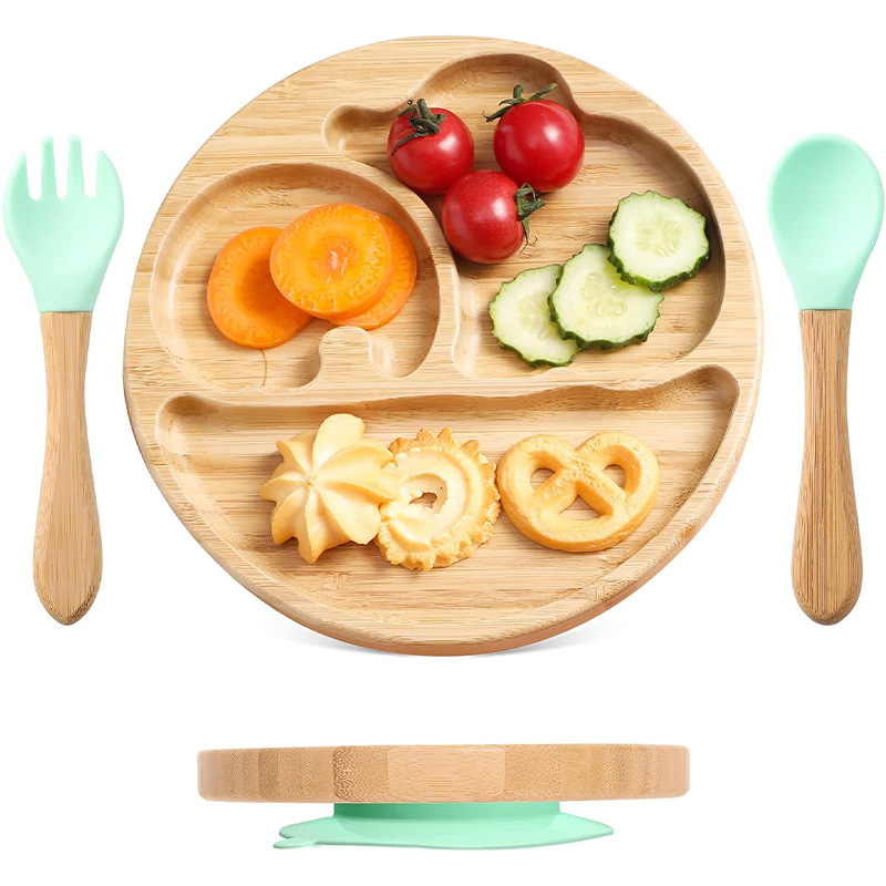 Plato de comedor dividido para niños de dibujos animados lindo, plato de comedor de bambú y madera a prueba de caídas con ventosa para bebés
