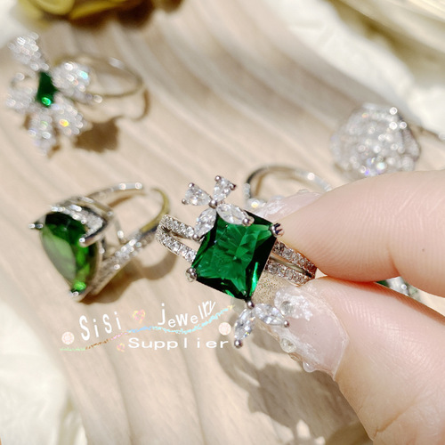 Sisi vintage malachite emerald ring 18K plated multi-faceted emerald zircon drop flower live mouth ring