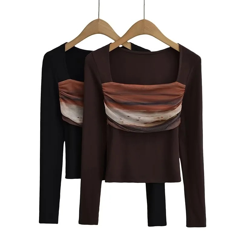 ins美式博主风方领长袖T恤女2025秋季新款网纱拼接褶皱打底衫上衣