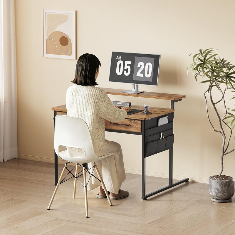 Small Desk with Drawers, Office Computer Desk with Side Pockets and Ergonomic Monitor Stand Small Desk with Drawers, Office Computer Desk with Side Pockets and Ergonomic Monitor Stand