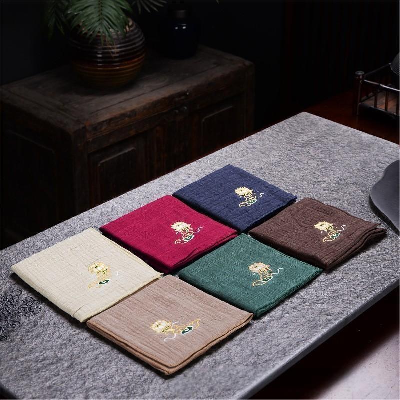 双层棉麻茶巾吸水茶巾刺绣莲花亚麻茶巾中国风茶艺茶盘抹布茶道批