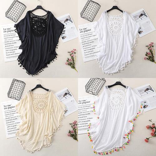 Vacation Hand Hooked Solid Color Patchwork European and American Style Beach Skirt with Small Tassels Sun Protection Short Sexy Beach Cover-up