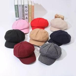 Factory Solid Color Woolen Octagonal Hat Korean Style Women's Autumn and Winter New Fashionable British Women's All-match Japanese Style Artistic Cap