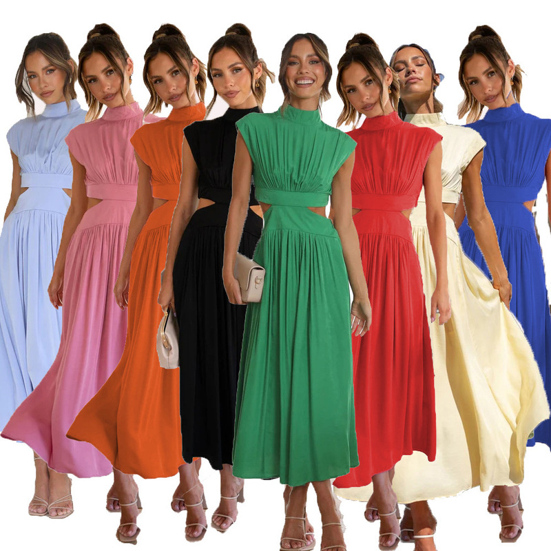 2025 European and American Foreign Trade Sweet and Fashionable Street Style Summer Stand-Up Collar Macaron Color Waist-Revealing Long Dress