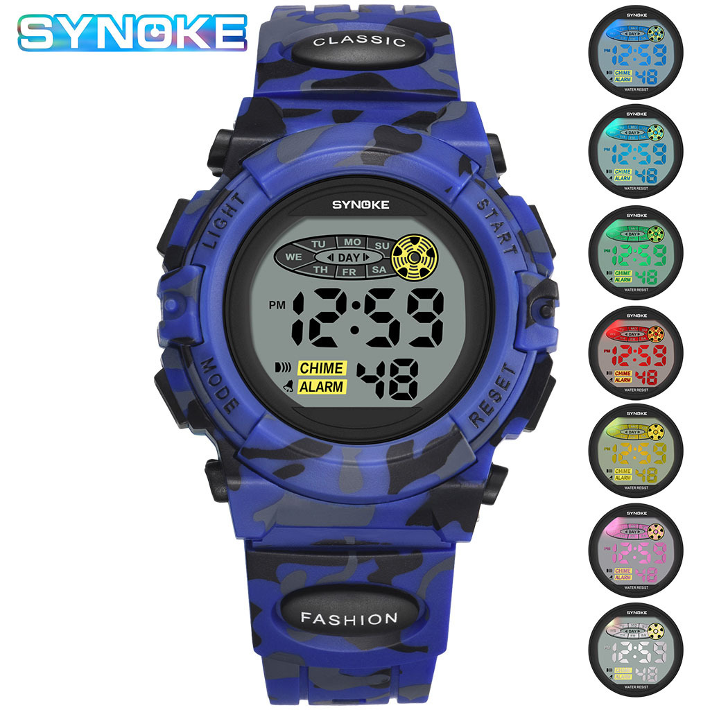 SYNOKE nuevo sudeste asiático popular colorido luminoso niños estudiante reloj electrónico personalizado camuflaje reloj deportivo