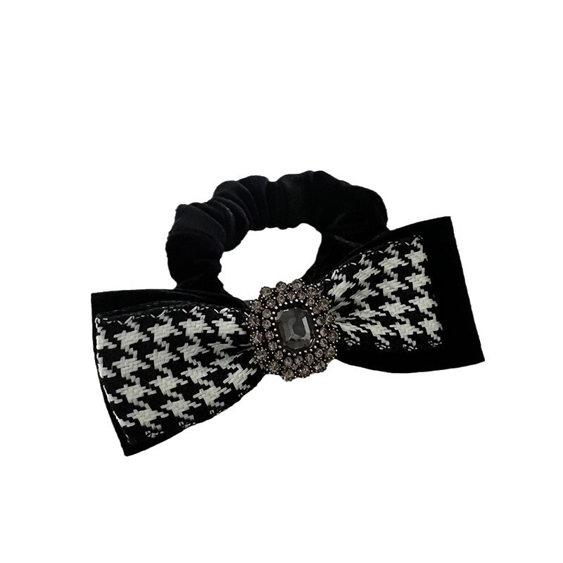 Classico anello per capelli con diamante grigio pied de poule bianco e nero, fiocco delicato, semplice elastico per capelli in tessuto, anello giapponese e coreano per l'intestino crasso_voghion.com