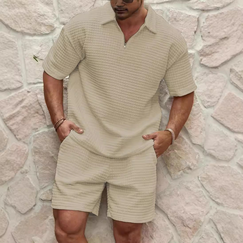 Summer men's suit foreign trade new fashion waffle solid color lapel polo shirt short sleeve shorts sports suit