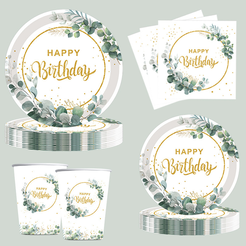 Eucalyptus Leaf Theme Party Decorative Tableware Green Gold Powder Baby Shower Disposable Paper Tray Tissue Paper Cup